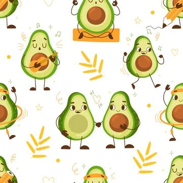 Cute avocado seamless pattern. Funny green vegetables, cartoon fruit characters Illustrazione stock