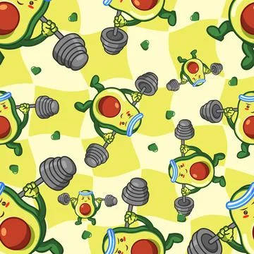 Cute Avocados Exercising Seamless Pattern Vector Illustration Cartoon Stock Illustration