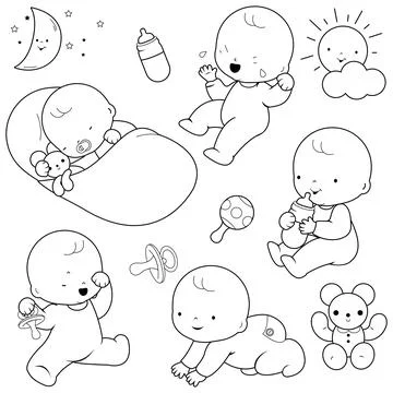 Cute babies. Vector black and white coloring page Stock Illustration