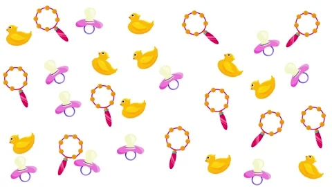 Cute Baby Accessories Seamless Pattern with Rubber Ducks Pacifiers and Rattles Stock Footage 345539185