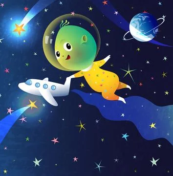 Cute Baby Alien in Outer Space Playing with Rocket Stock Illustration