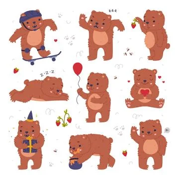Cute baby bear doing different activities set. Funny wild animal riding Stockillustratie