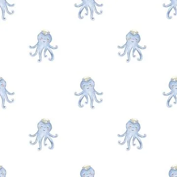 Cute baby blue octopus pattern creating seamless marine-themed fabric desig.. Illustrazione stock