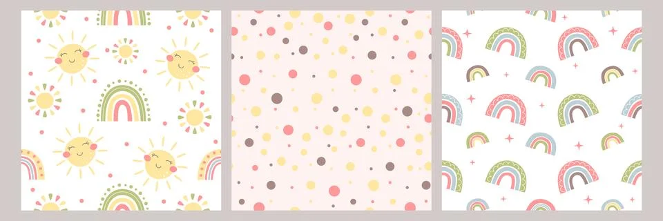 Cute baby boho seamless pattern with smiling sun, rainbow and dots Stock Illustration