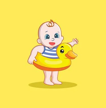 Cute Baby Boy With A Duck Float Vector Illustration Stock Illustration