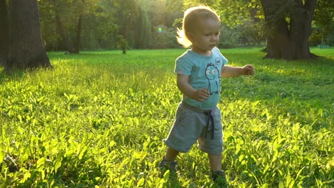 Cute baby boy making first steps in sunset lights, slow motion 120 fps HD Stock Footage 101615978