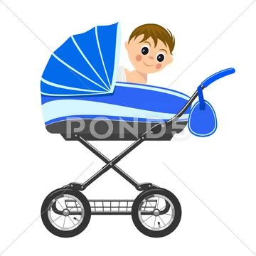 Cute baby boy sitting in stroller. illustration Stock Illustration