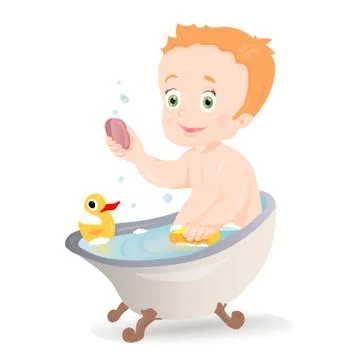 Cute baby boy smiling while talking a bath Stock Illustration