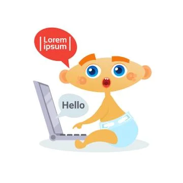 Cute Baby Boy Using Laptop Computer Toddler Happy Cartoon Infant In Diaper Ilustración de archivo