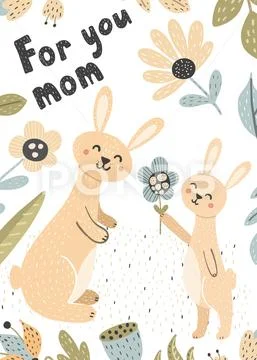 Cute baby bunny gives his mom a flower card Stock Illustration
