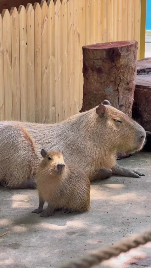 A cute baby capybara sitting in front of its resting mother Vidéo 334635477