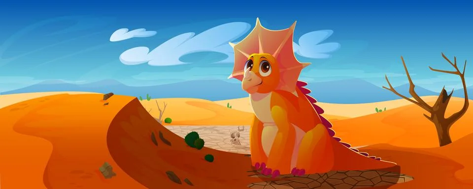 Cute baby dinosaur, triceratops in desert Stock Illustration