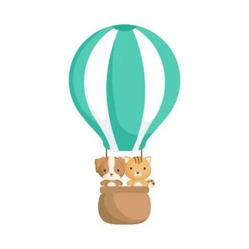 Cute baby dog and cat in the hot air balloon Stock Illustration