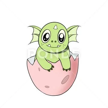 Cute Baby Dragon Hatching from Egg. Cartoon Illustration PSD 템플릿