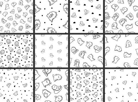Cute baby dragon. Seamless pattern. Coloring Page. Stock Illustration