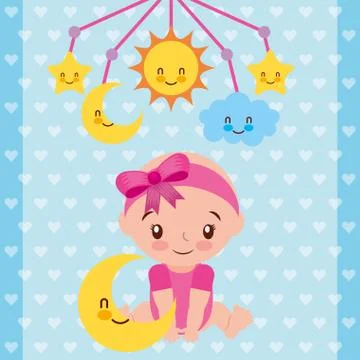 Cute baby girl sitting with star and crib mobile Stock Illustration