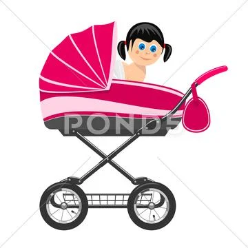 Cute baby girl sitting in stroller. illustration Stock Illustration