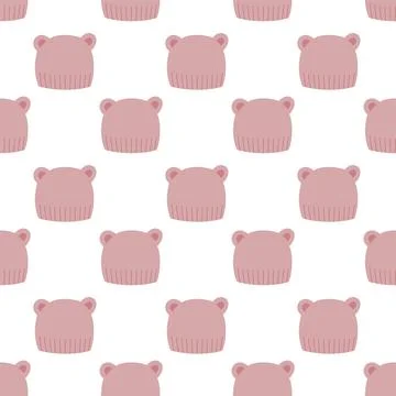 Cute baby hat seamless pattern vector background with pink knitted caps and bear イラスト素材