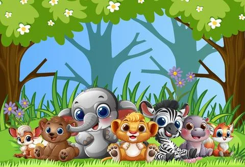Cute Baby Jungle Animals Sitting in Forest Clearing Stock Illustration