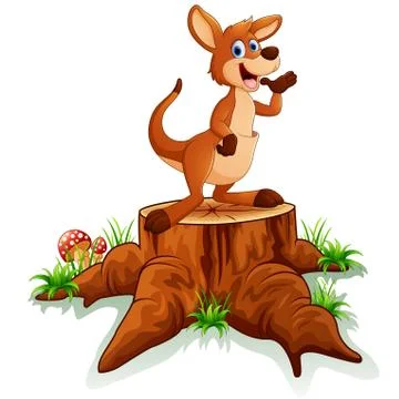 Cute baby kangaroo posing on tree stump Stock Illustration