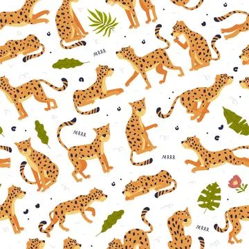 Cute baby leopards seamless pattern. Summer childish print with cute wild 스톡 일러스트