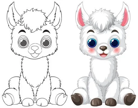 Cute Baby Llama Vector Illustration with Line Art Coloring Page Stock Illustration