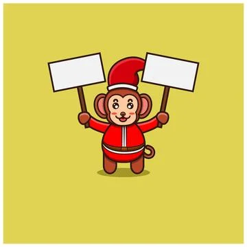 Cute Baby Monkey Bring Two Blank Banner, Santa Clause Costume. Character, M.. Stock Illustration