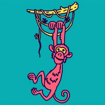 Cute baby monkey hanging on tree Stock Illustration