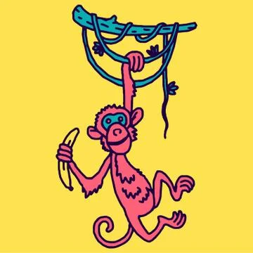 Cute baby monkey hanging on tree Stock Illustration