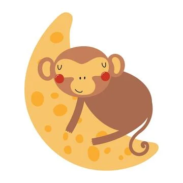 Cute baby monkey sleeping on the moon, isolated Stock Illustration