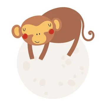Cute baby monkey sleeping on the moon, isolated Stock Illustration