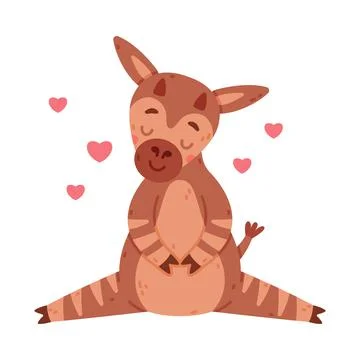 Cute baby okapi sitting on ground, pink hearts flying around him. Funny wild Stock Illustration