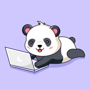 Cute Baby Panda Lying Down and Using a Laptop Stock Illustration