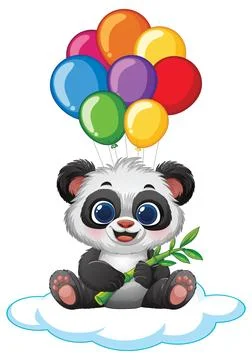 Cute Baby Panda Sitting on Cloud with Colorful Balloons and Bamboo Stock Illustration