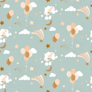 Cute baby pattern with balloons, clouds and rockets seamless vector pattern イラスト素材