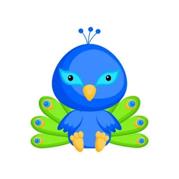 Cute baby peacock sitting isolated on white background. Stock Illustration