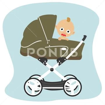 Cute baby peeks out from behind a green stroller pram Stock Illustrationen