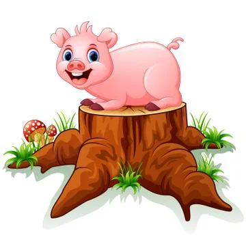 Cute baby pig posing on tree stump Stock Illustration
