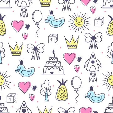 Cute baby print outline sun, birthday cake and duck. Newborn elements seamless Stock Illustration