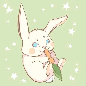 Cute baby vector drawing hare eating carrot on green background with white stars 库存插图