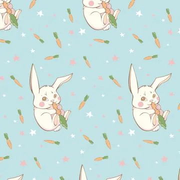 Cute baby vector drawing hare eating carrot on blue background with white sta Illustrazione stock