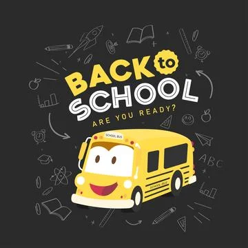 Cute back to school banner poster with smiling yellow school bus Stock Illustration
