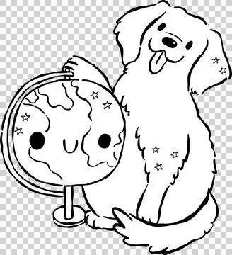 Cute Back to School Dog Outline Golden Retriever With Globe Cartoon Hand Draw Stock Illustration