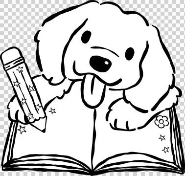 Cute Back to School Dog Outline Golden Retriever Writing in a Notebook Cart.. Stock-Illustration