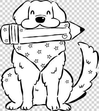 Cute Back to School Dog Outline Golden Retriever Holding a Pencil Cartoon H.. Stock Illustration