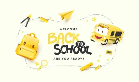 Cute back to school header banner with playful typography and school suppli.. Stock Illustration