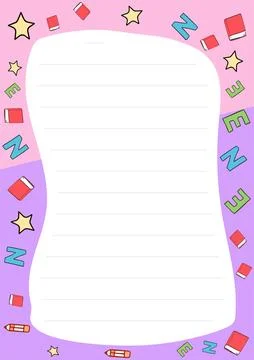 Cute Back to School Lined Paper Template with Stars Books and Letters for Notes Stock Illustration