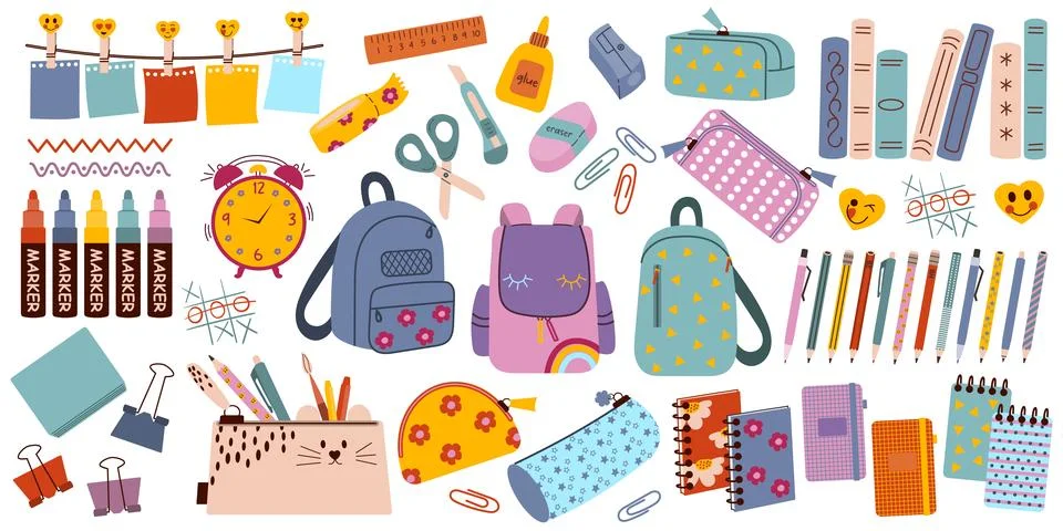 Cute back to school stationery. Study accessories, student equipment. Back .. Stock Illustration