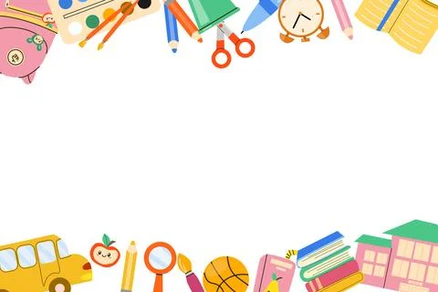 Cute Back to School supplies frame, flat vector illustration isolated on whit Stock Illustration