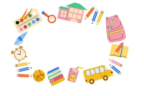Cute Back to School supplies frame, flat vector illustration isolated on whit Stock Illustration
